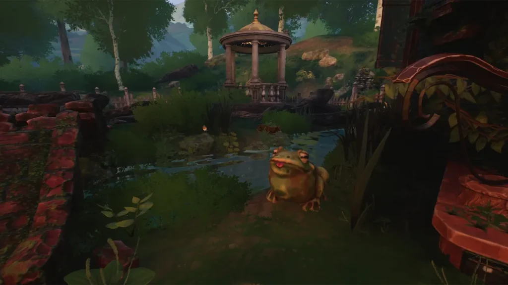 A stone frog statue against the backdrop of a flowing river late in the evening in the game Garden Life: A Cozy Simulator.