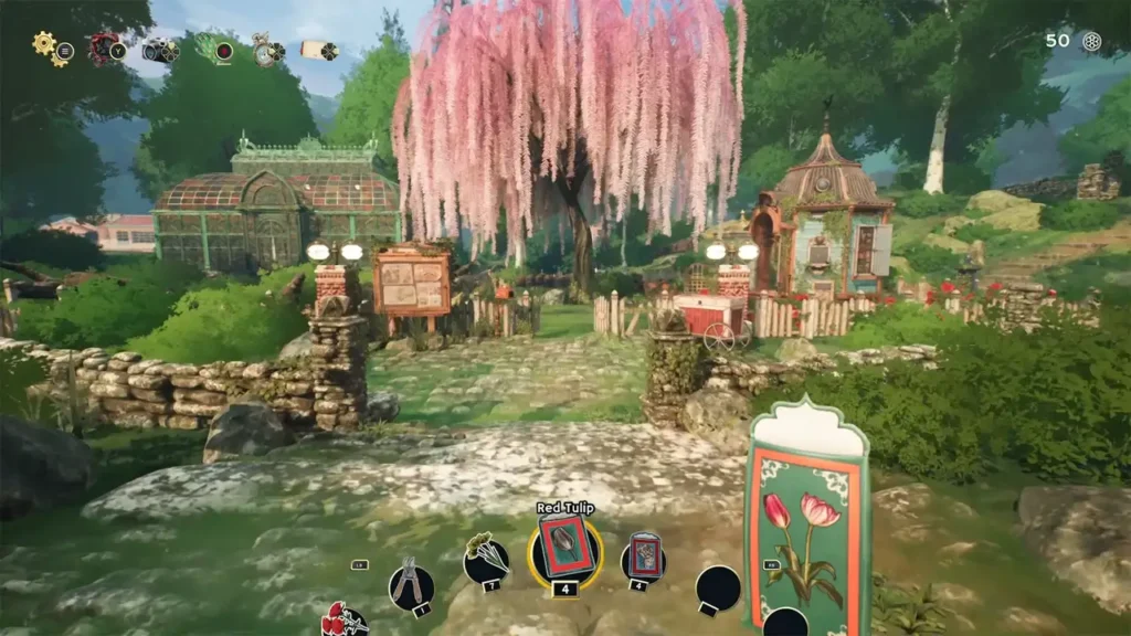 A screenshot from the game Garden Life: A Cozy Simulator showing a view of the garden, with Red Tulip seeds held in hand. In the middle of the garden with buildings stands a large, pink tree.