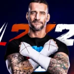 Wrestler CM Punk against a navy blue and red background with the WWE 2K24 game logo