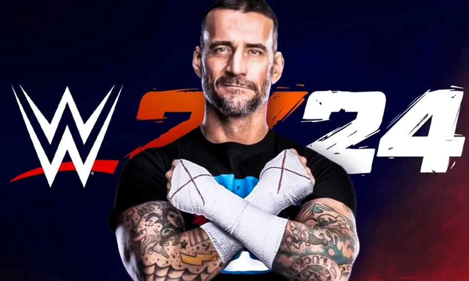 Wrestler CM Punk against a navy blue and red background with the WWE 2K24 game logo