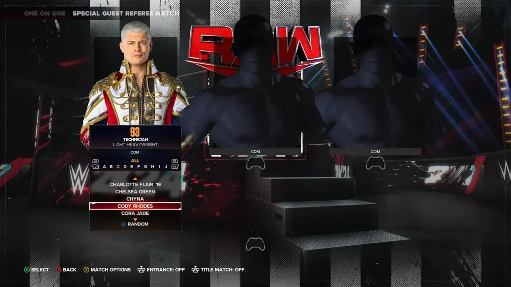 The selection screen in the WWE 2K24 game shows Cody Rhodes chosen for the RAW arena