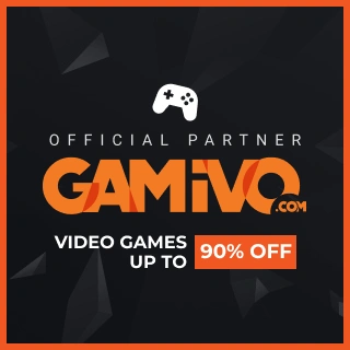 Gamivo logo official partner image with caption video games up to 90% off