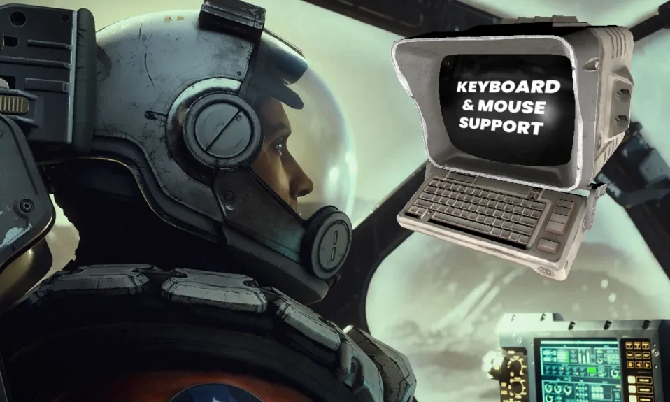 A character from the game Starfield in a spacesuit, staring at a monitor with the text keyboard & mouse support